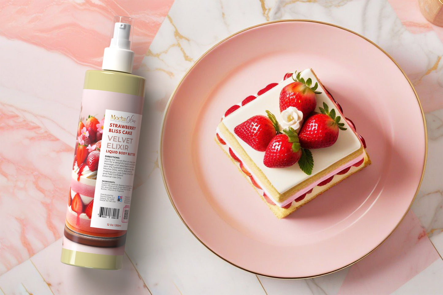 Velvet Elixir | STRAWBERRY BLISS CAKE | Liquid Body Butter | 12 OZ