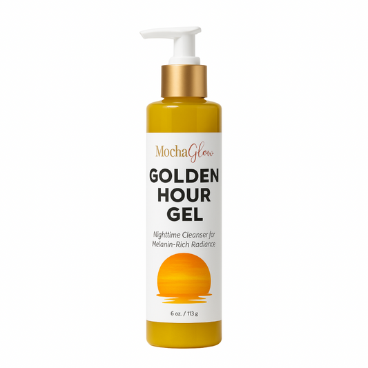 Mocha Glow Golden Hour Gel — 6 oz jelly-textured nighttime cleanser for acne scars and hyperpigmentation, in a clear pump bottle with gold detailing on a white background.